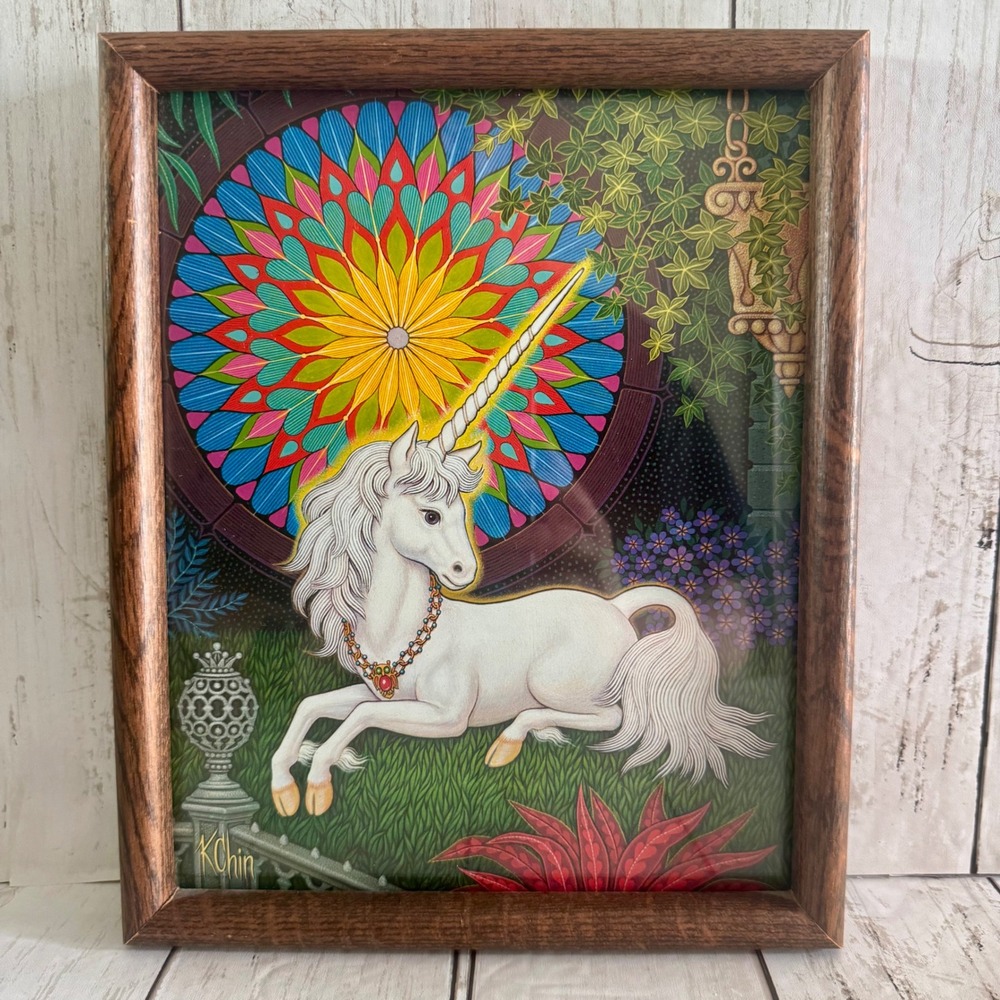 Vintage K Chin Unicorn Art Print Framed Mandala Fantasy Mythical Wall Decor